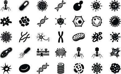 Fototapeta premium Microbiology icons and biological cell structures set with viruses bacteria and dna helixes