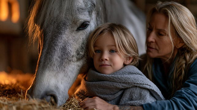 A certified equine therapist guides a nonverbal child through gentle grooming rituals beside a dappled gray mare at golden hour, straw dust catching warm amber light in a rural barn setting, perfect