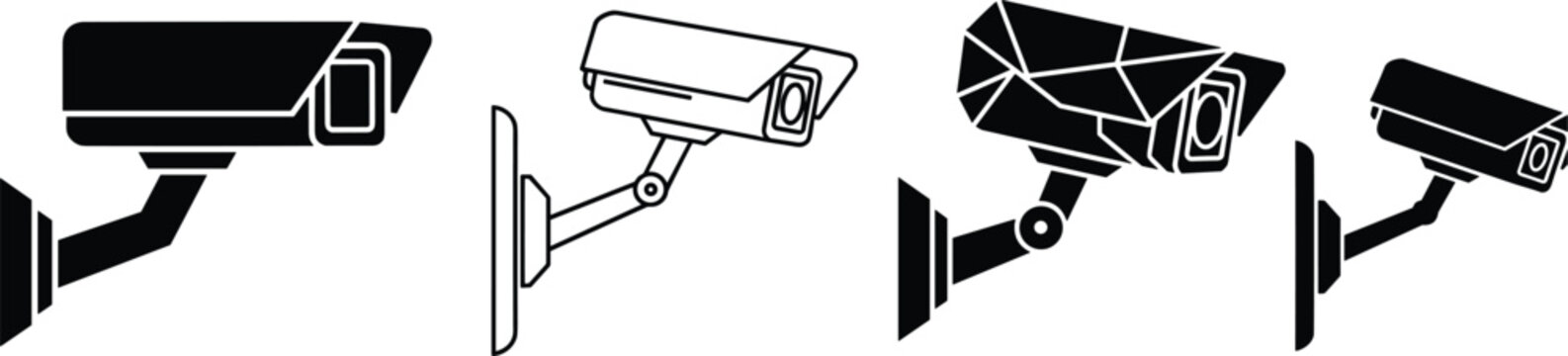 CCTV Security Camera Icon Set in Black Silhouette Outline Low Poly and Detailed Styles for Surveillance Safety and Monitoring Theme Designs