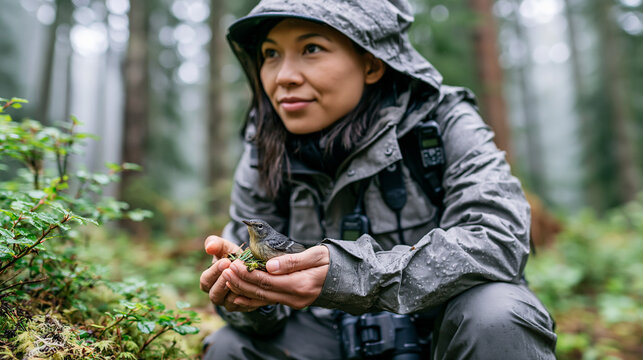 A lone ornithologist in rain gear crouches over a fallen warbler on a woodland trail, handheld GPS device and binoculars hanging from her neck, misty forest canopy diffusing soft silver morning ligh