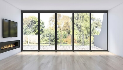 Fototapeta premium Modern living room with wall mounted TV and electric fireplace