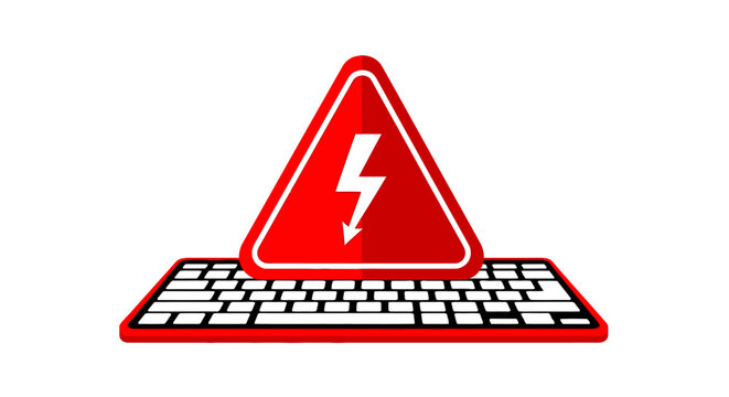 Cybersecurity threat and system error concept illustration featuring a red warning triangle with lightning bolt on a computer keyboard, isolated on white.