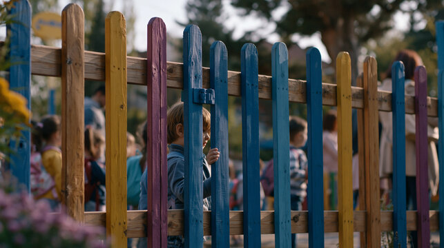 A wide establishing shot of a kindergarten playground at drop-off time, clusters of nervous children clutching backpacks near a colorful gate while parents linger outside the fence in the crisp spri