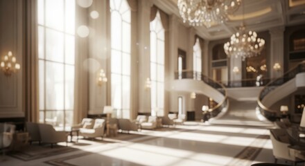 Fototapeta premium Luxurious Hotel Lobby Interior with Grand Staircase and Bright Sunlight.