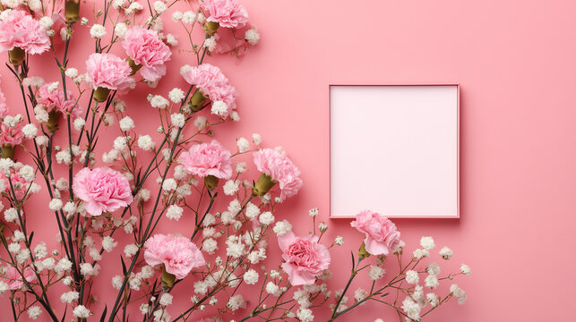 A beautiful arrangement of pink carnations and white babys breath flowers on a pink background with a pink frame