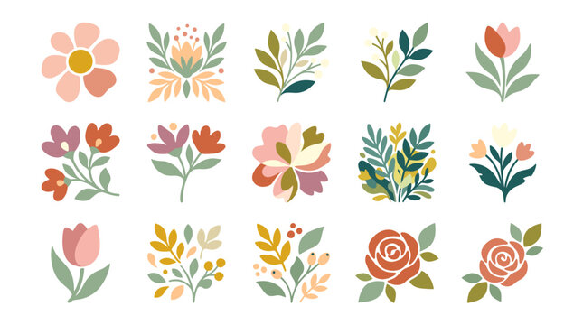 Set of various stylized floral illustrations in a flat design, featuring blooming flowers, leaves, and botanical elements in a cheerful color palette