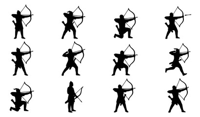 Archer silhouettes vector set black bow and arrow shooting action poses illustration © MstKamrun