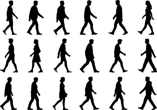 Fifteen diverse silhouettes of people walking in sequence, showcasing human gait, posture, stride variation, and pedestrian lifestyle for biomechanics, animation, and urban illustration design