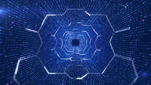 Futuristic digital tunnel animation with hexagon frames and glittering particles flowing through space