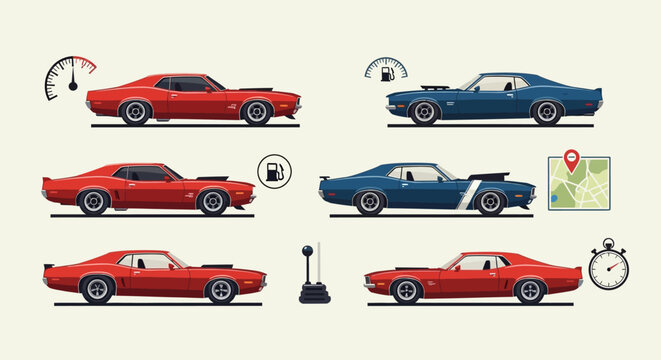 Collection of classic American muscle cars.