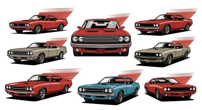 Collection of classic American muscle cars.