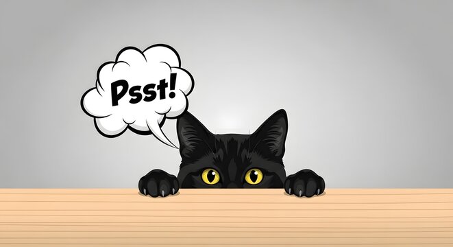 Black Cat Peeking Over Table with Psst Speech Bubble.