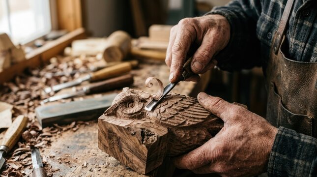 A man carving a wooden block with a chisel in a workshop.