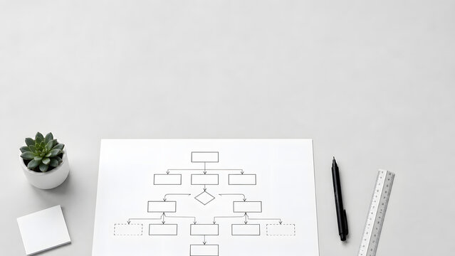 Overhead flat lay of white paper with hand-drawn flowchart and pen on gray desk, business process
mapping and workflow design concept