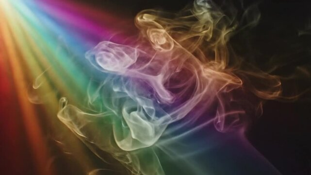 Rainbow Light Beam Illuminating Colorful Smoke Wisps