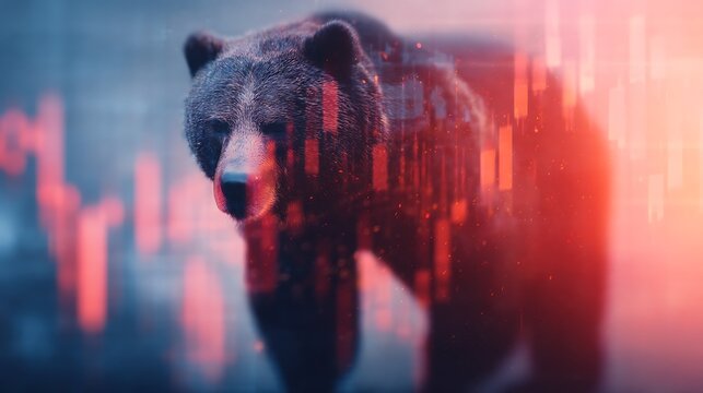A digital representation of a bear with stock market charts overlay, symbolizing a bearish market trend in finance and investing.