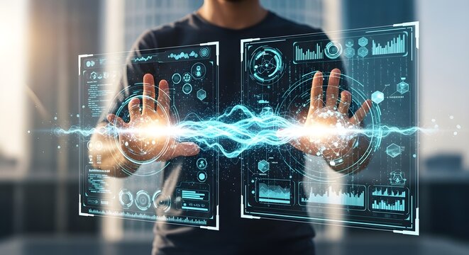 Man interacting with futuristic holographic screens, visualizing complex data. Symbolizing advanced technology, big data analysis, artificial intelligence, and digital transformation.
