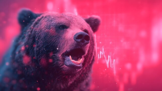A roaring bear with a digital stock chart overlay, symbolizing a bearish market trend in a vivid red and pink color scheme.