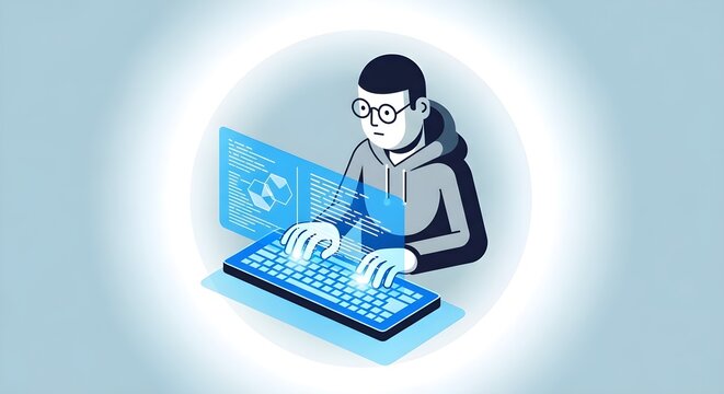 Isometric illustration of a programmer typing on a glowing virtual keyboard with holographic code screens, representing software development, cybersecurity, and digital tech.