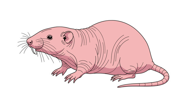 Detailed illustration of a naked mole rat with its characteristic wrinkly pink skin and large front teeth isolated on white background.