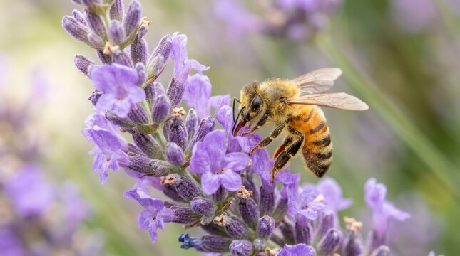 A bee on lavender flowers. The insect concept of pollination and nectar collection.