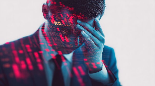 A man in a suit holds his head in stress, overlaid with red digital data and codes, symbolizing tech-related anxiety or information overload.