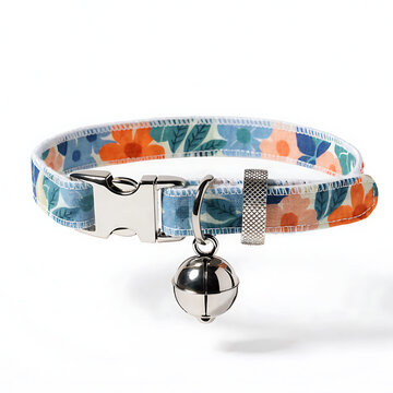 Colorful floral cat collar with silver buckle and bell isolated on white background