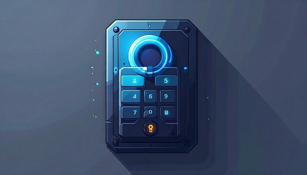 futuristic digital keypad glowing blue on dark secure access panel