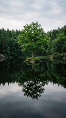 Obraz premium Serene Lake Reflection with Lush Green Trees and Overcast Sky