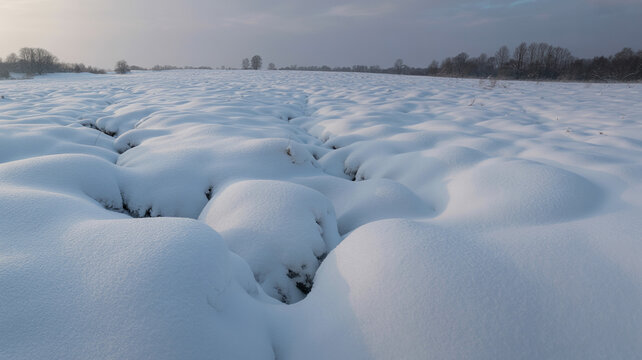 Snowy hummocks covering open field in winter countryside landscape under soft overcast sky creating unique natural texture across rural meadow land with bare trees on distant horizon at twilight.
