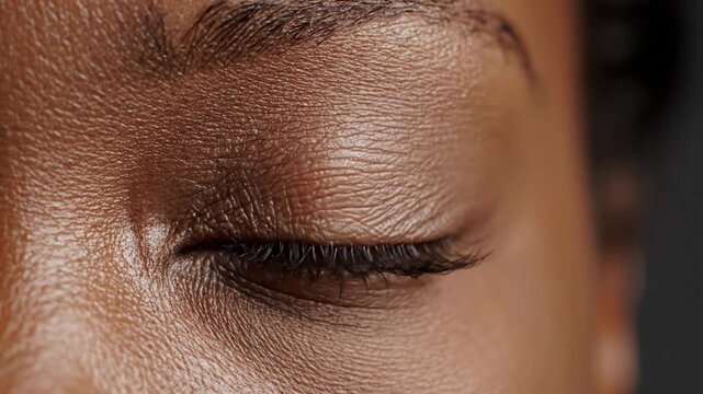 Close up of a womans eye opening and closing slowly.
