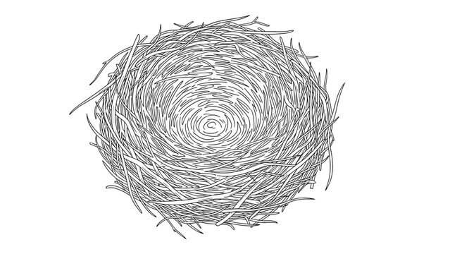 Detailed line art drawing of a round empty bird nest made of twigs and sticks isolated on a white background for nature themes.
