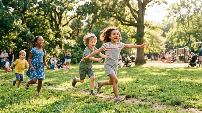 Children running in a park with trees and grass.