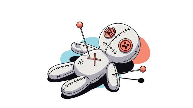 Funny cartoon voodoo doll made of white fabric with visible stitching and several large red-headed pins stuck in its body and limbs.