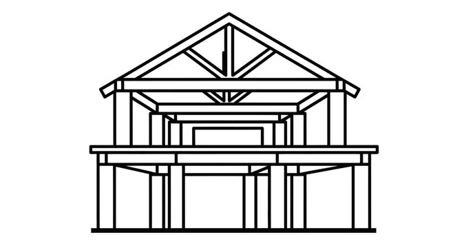 Detailed outline drawing of a house structure or building frame with visible roof trusses on isolated white background.