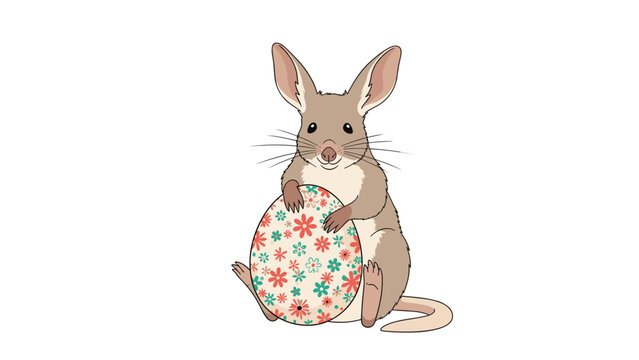 Cute cartoon bilby holding a large decorated easter egg with colorful floral patterns to celebrate the holiday in an australian style.