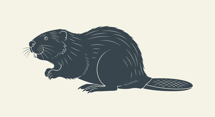 Detailed illustration of a North American beaver standing on its feet, showcasing its furry body and tail in a bright studio background. © Umi