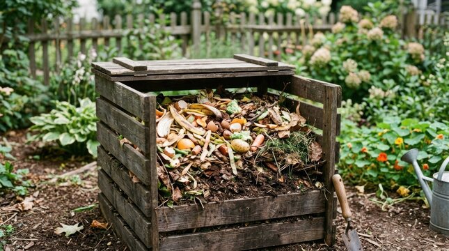 A wooden compost bin filled with various organic materials in a garden setting.