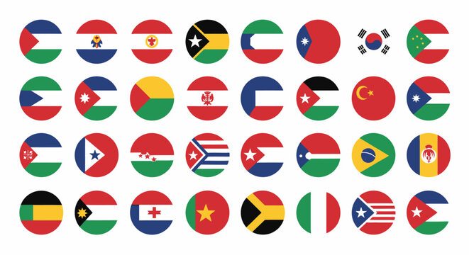 Vector illustration of a set of round world flags on Easter eggs with ribbons featuring national country symbols like USA and Germany for web button icons
