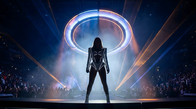 Cantante femenina en un escenario futurista con luces de ne&oacute;n y l&aacute;seres durante un concierto masivo