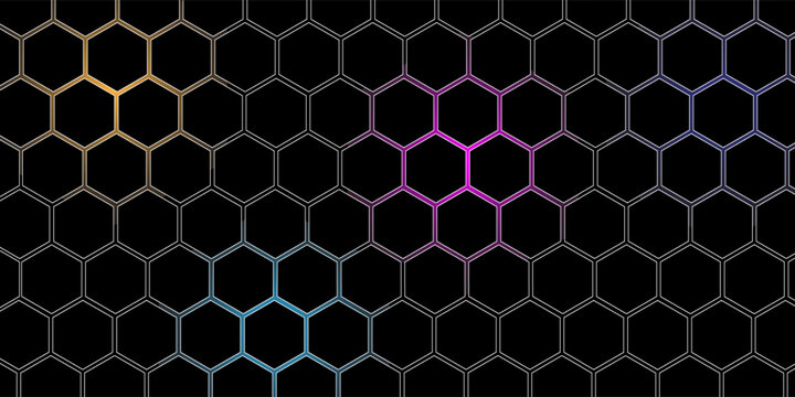 Abstract Hexagonal Pattern with Neon Glow Effect in Various Colors on a Dark Background