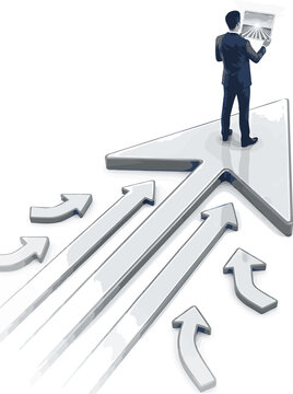 Businessman standing confidently on a large upward arrow, holding a tablet displaying a path to bright future success and strategic direction.