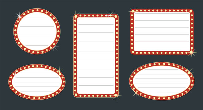 Set of retro marquee sign frames in different shapes like circles and rectangles with glowing light bulbs around the outer edges.