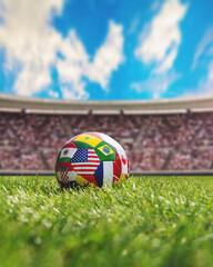 Naklejka premium a soccer ball with various national flags on the soccer stadium. International soccer competition concept.