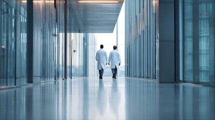 Fototapeta premium Two doctors walking down a modern hospital corridor.