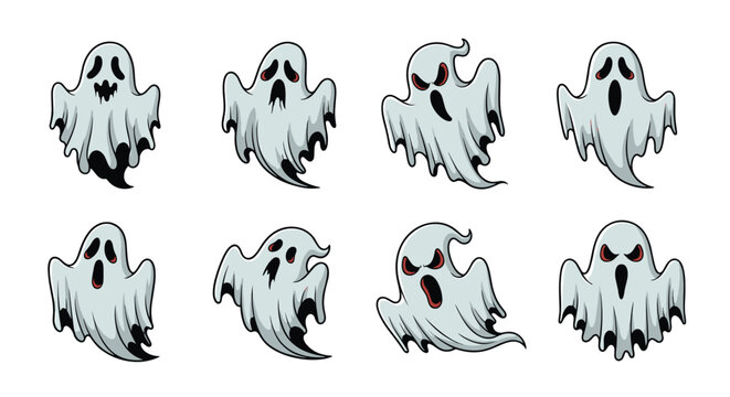 Set of spooky cartoon ghost characters features various scary facial expressions and floating poses for Halloween themed designs.