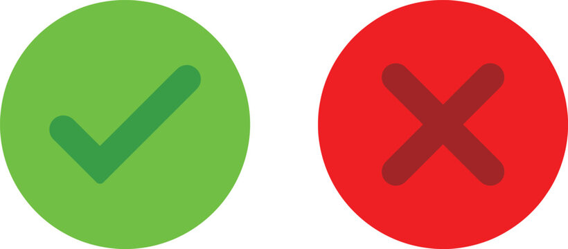 Green check mark and red cross icons approval rejection accept and cancel symbols decision validation concept flat vector illustration isolated background