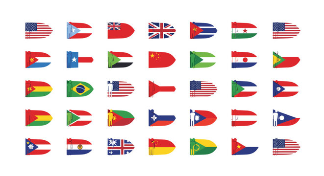 Comprehensive collection of world flags presented in a unique bullet-shaped icon style featuring national colors and patterns.