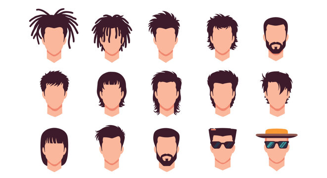 Diverse set of male avatars featuring various trendy hairstyles such as dreadlocks, mohawks, mullets, beards, and stylish hats.