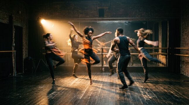 A group of dancers in a dance studio, performing a choreographed routine.